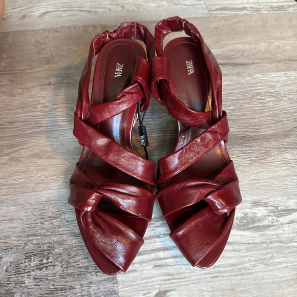 Zara Burgundy Leather Strappy Heeled Sandals - Picture 3 of 8